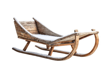 A beautifully weathered old wooden sleigh, lightly dusted with fresh snow, stands ready for winter adventures, evoking rustic charm. background removed