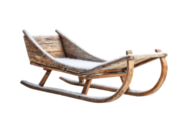 A beautifully weathered old wooden sleigh, lightly dusted with fresh snow, stands ready for winter adventures, evoking rustic charm. background removed