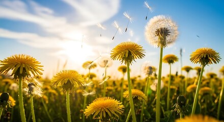 Obraz premium Dandelions in a Field on a Sunny Day.