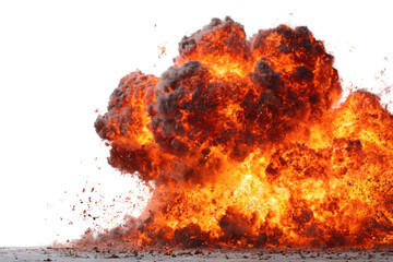 A powerful, bright orange and red explosion with dark smoke and flying debris, isolated against a transparent background, capturing intense energy and destruction. background removed