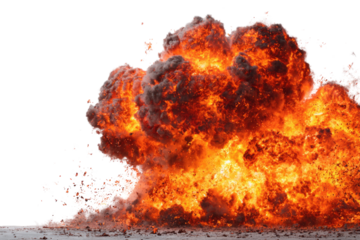 A powerful, bright orange and red explosion with dark smoke and flying debris, isolated against a transparent background, capturing intense energy and destruction. background removed
