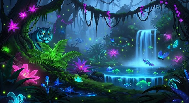 Enchanted Night Forest with Luminous Flora and Fauna.