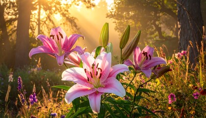 Pink lilies in a sunlit forest
