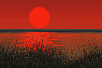 A dramatic red sunset over calm marsh water, with a large glowing sun near the horizon and dark reeds in the foreground creating striking silhouettes and vivid reflections.