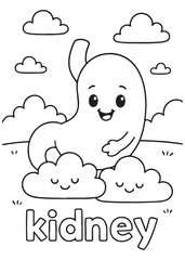coloring book kidney sitting on cloud smiling, anatomy cartoon for kids