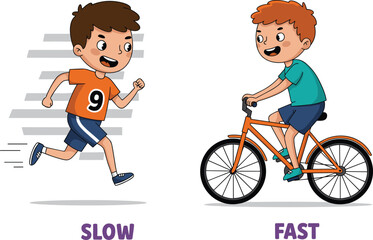 Cartoon boys demonstrating slow and fast movement, educational vector for speed comparison, physical activity, and early learning concepts for children