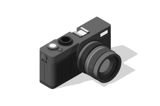 Isometric dark gray compact digital camera with a prominent lens, hot shoe, and shutter button, perfect for capturing modern photography. background removed