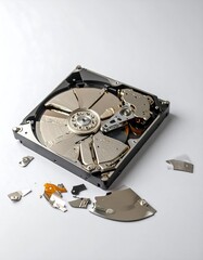 Broken hard drive parts scattered
