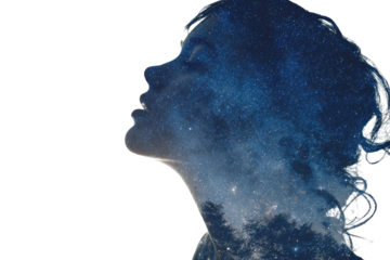 Double exposure silhouette of a woman's profile filled with a serene starry night sky and subtle forest canopy, conveying wonder and introspection. background removed