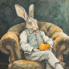 A rabbit in a suit sits in a leather chair.