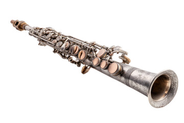 Naklejka premium An ornate silver soprano saxophone or saxello with intricate engravings and contrasting golden keys, a classic wind musical instrument. background removed