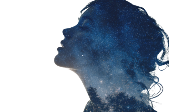 Double exposure silhouette of a woman's profile filled with a serene starry night sky and subtle forest canopy, conveying wonder and introspection. background removed