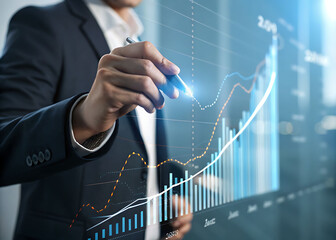 Ultra realistic businessman in a suit holding a red dart and placing it directly at the bullseye of a glowing digital holographic target, futuristic business concept, precision and goal achievement, s