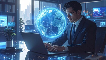 Business professional in dark suit working on laptop in modern office, digital holographic globe with data nodes projected, large windows and screens displaying analytics in high-tech workspace.