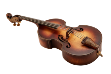 A beautifully crafted, vintage string instrument, possibly a viola da gamba, showcasing ornate carvings, warm wood tones, and a classic design. background removed