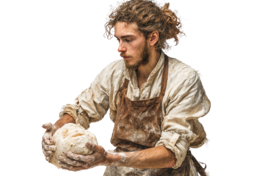A focused young male baker, with curly hair and beard, wearing an apron, holds a flour-dusted dough on a transparent background. background removed