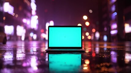 Futuristic Cyberpunk Cityscape Laptop Chroma Key Mockup on Wet Reflective Street at Night