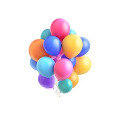 A vibrant cluster of colorful balloons floating against a clean white background