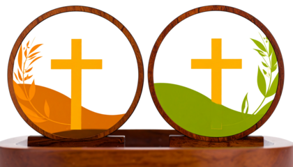 Dual Religious Emblem Designs of Cross and Olive Foliage isolated on transparent background