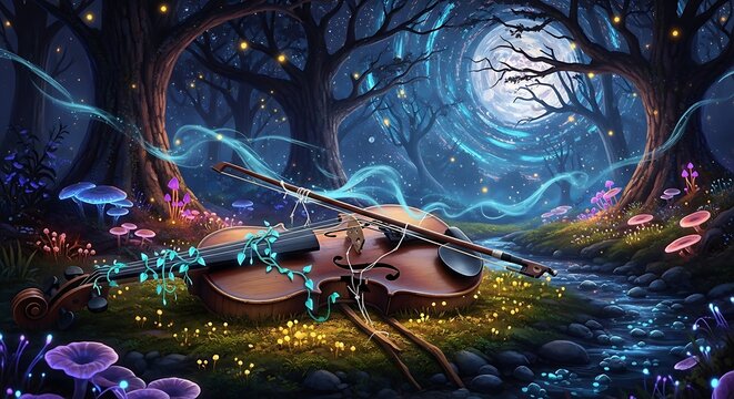 Enchanted Violin in a Magical Moonlit Forest.