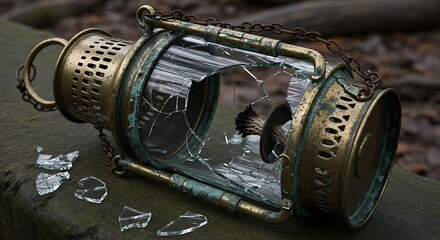 Broken vintage lantern with shattered glass on a dark background.
