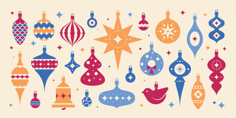 A charming collection of vector vintage Christmas tree toys. Balls, cones, bells, Star of Bethlehem, bird, Christmas tree.