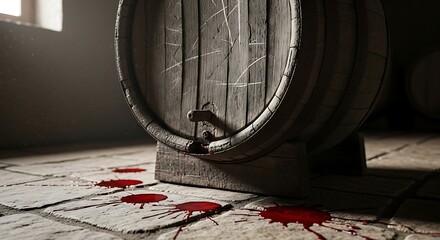 Leaking Barrel with Red Liquid on Tiled Floor.