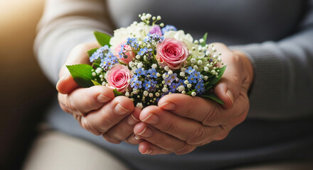 Gentle hands holding a small bouquet of delicate pink and blue flowers with greenery
