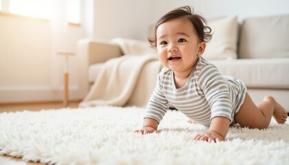 Fototapeta premium Baby crawling on soft carpet in bright living room 