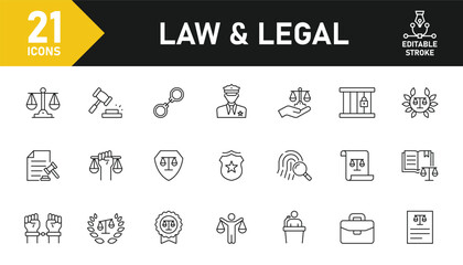Law and Legal line icon set. Set of 21 outline icons related to law legal, justice law, legal, judgment, authority, lawyer, criminal, agreement and others. Editable stroke. Vector illustration.