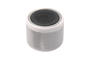 A white cylindrical portable speaker with a perforated body and black mesh top, featuring a silver accent ring, on a transparent background. background removed
