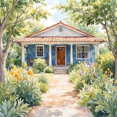 Old traditional Japanese wooden cottage architecture in a garden with flowers, surrounded by a forest of trees under the summer sky in Asia