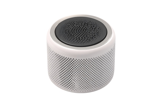 A white cylindrical portable speaker with a perforated body and black mesh top, featuring a silver accent ring, on a transparent background. background removed - Powered by Adobe