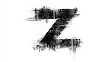 Fototapeta premium Glitchy letter Z appears in a thin hacker font, featuring a chaotic black-and-white digital distortion. The design evokes a serious cyber aesthetic