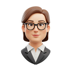 Smiling Woman Cartoon Avatar with Brown Hair Wearing Glasses and Dark Business Suit