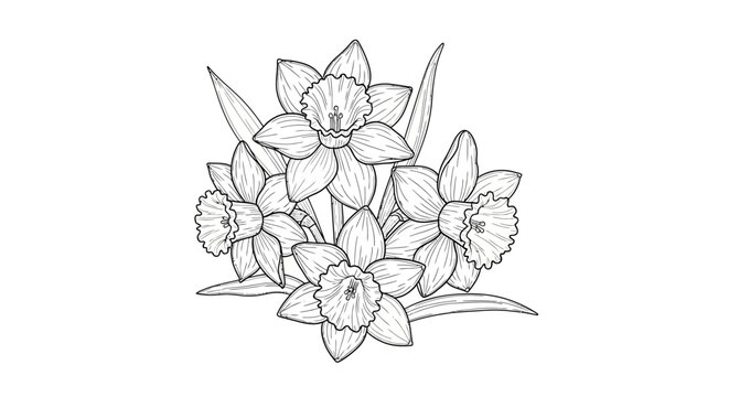 A detailed black and white line drawing of a cluster of daffodils, featuring their distinct trumpet-shaped coronas and surrounding leaves.