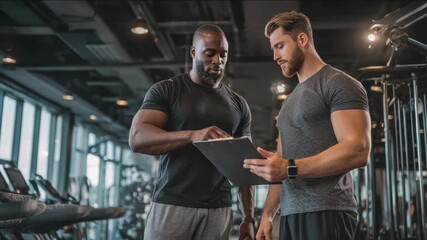 A trainer and client are discussing a fitness plan inside of a modern gym.