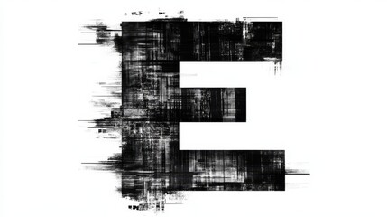 Fototapeta premium Letter E displayed in a thin hacker font, featuring a glitchy black and white design with abstract textures and digital distortion
