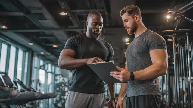 A trainer and client are discussing a fitness plan inside of a modern gym. - Powered by Adobe