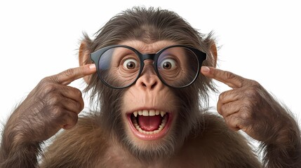 A hyper-realistic funny monkey with fluffy detailed fur, wearing comically huge round glasses that slide down its nose, eyes wide open with sparkling joy and silly surprise. Its mouth is open in a goo