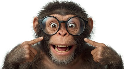 A hyper-realistic funny monkey with fluffy detailed fur, wearing comically huge round glasses that slide down its nose, eyes wide open with sparkling joy and silly surprise. Its mouth is open in a goo