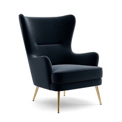 Obraz premium Elegant navy blue wingback armchair with gold legs isolated on white background, perfect for modern living rooms