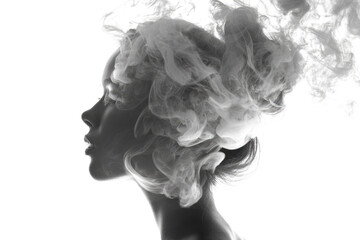 Fototapeta premium A grayscale woman's profile with her head enveloped in swirling white smoke, representing abstract thought, creativity, and the power of the mind. background removed