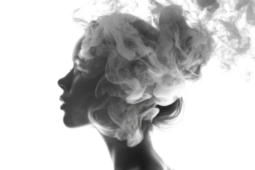 A grayscale woman's profile with her head enveloped in swirling white smoke, representing abstract thought, creativity, and the power of the mind. background removed