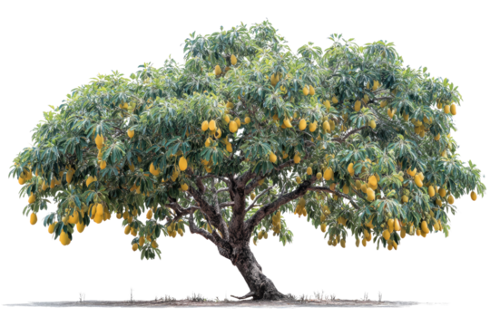 A lush, mature tree abundantly bearing ripe, yellow, oval fruits, resembling mangoes, with dense green foliage. background removed