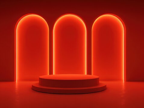 A vibrant red presentation podium, illuminated by bright neon lines, creates a striking, modern, and minimalist display.