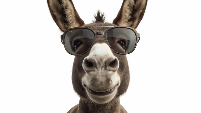 A hyper-realistic portrait of a goofy donkey with a wide toothy smile, wearing oversized shiny sunglasses that reflect soft light. Its expressive eyes peek playfully above the glasses, ears tilted in 