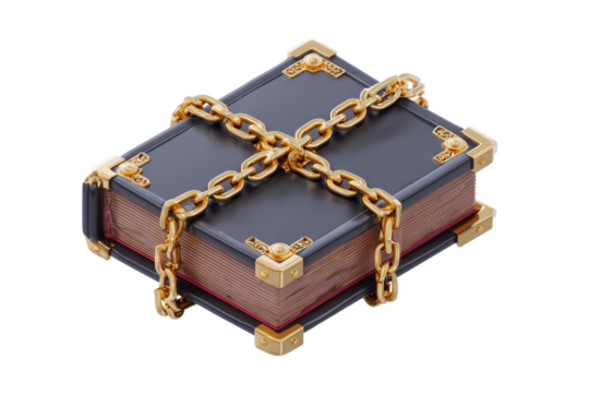 A dark, ancient book with ornate golden corners is bound shut by heavy gold chains, symbolizing protected, secret, or forbidden knowledge. background removed