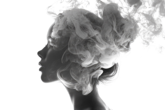 A grayscale woman's profile with her head enveloped in swirling white smoke, representing abstract thought, creativity, and the power of the mind. background removed