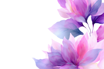 Elegant watercolor floral border with purple and pink blossoms, delicate leaves, and a serene transparent background, perfect for design. background removed